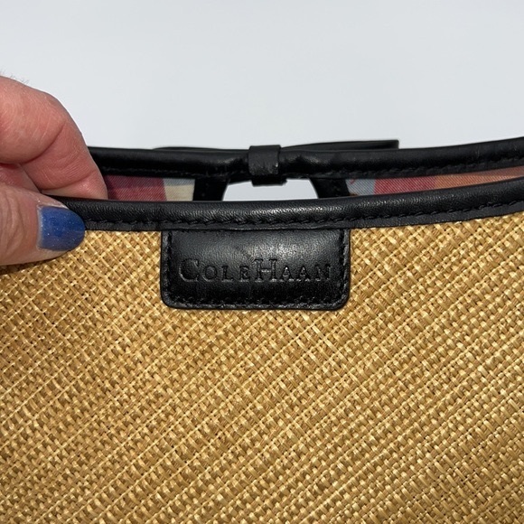 Cole Haan East-West Natural Tan Straw Satchel with Black Leather Bow and Trim - Picture 7 of 9